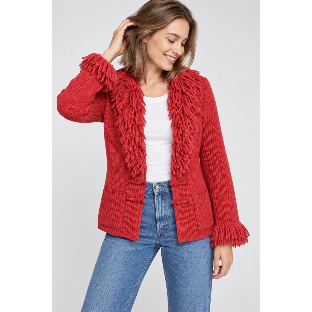 Worth Cardigan Sweater Jacket Fringe Pink Red Wool Blend S  Boho Chunky Artsy